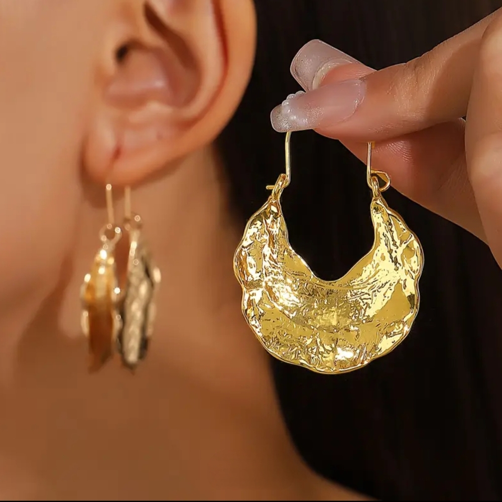 New Chunky Gold Crescent Hoop Fashion Earrings with 18kt.Textured Finish - Picture 2 of 6